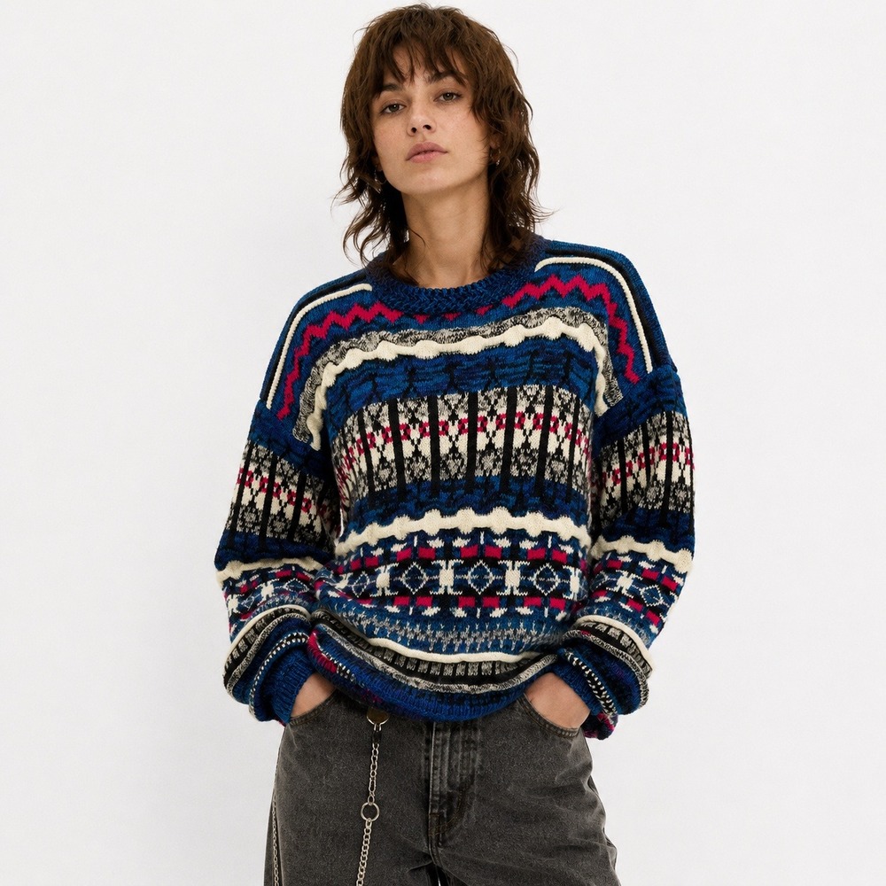 Vintage 90s Concrete 3D Knit Sweater L Blue Pink Geometric Oversized Indie Retro